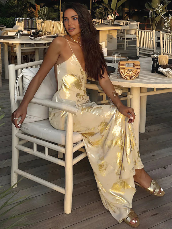 Lola | Vestido largo slip metálico con escote en V y espalda descubierta