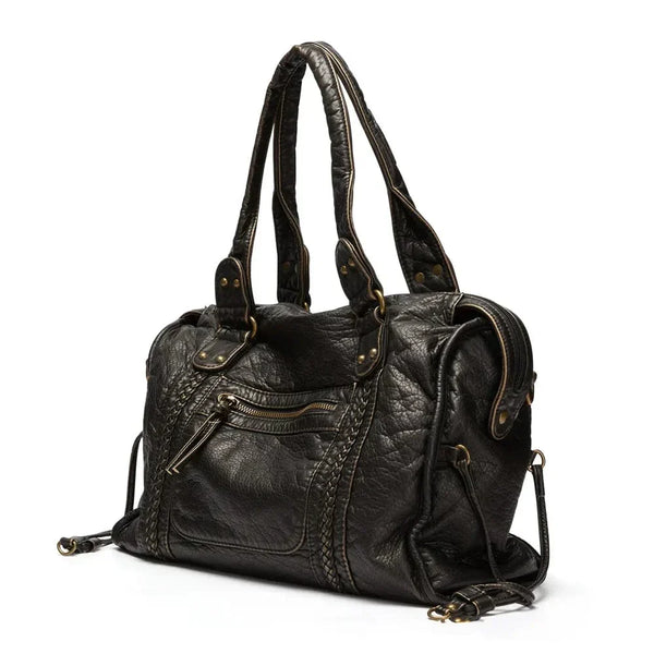 Bolso de Mano de Cuero Negro Vintage Elegante