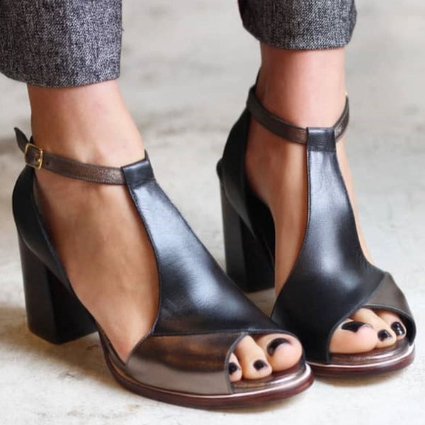 Nadaria | Sandalias peep toe de patchwork negras con tacón
